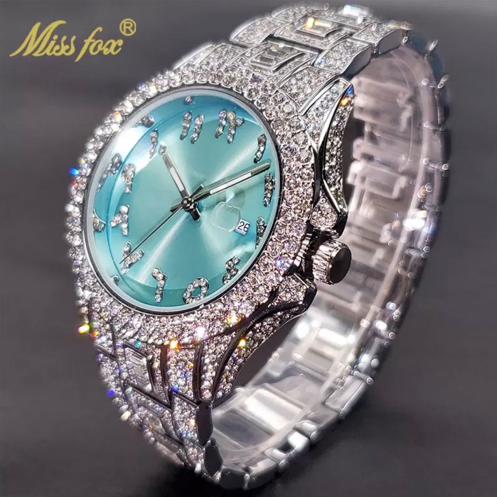 NEW Silver Aqua Iced Out Bling Hip Hop Watch. Unisex. Adjustable Arabic Numerals
